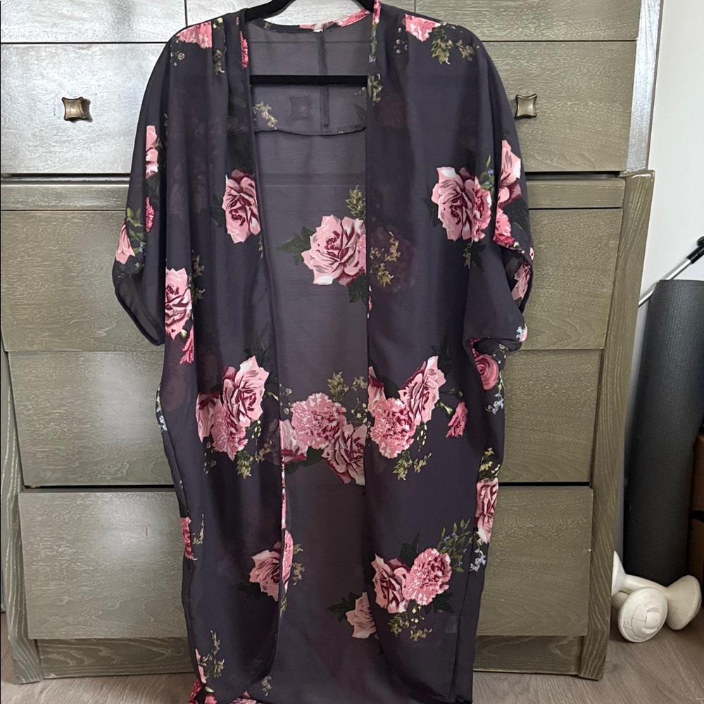 Black Sheer Kimono with Pink Floral Design